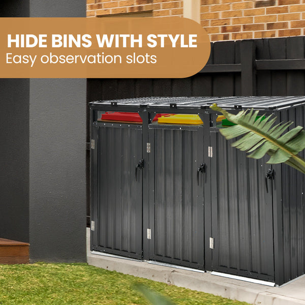Triple Steel Wheelie Garbage Bin Storage Shed Enclosure With 3 Opening Doors Rubbish Bins