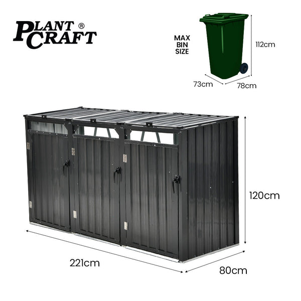Triple Steel Wheelie Garbage Bin Storage Shed Enclosure With 3 Opening Doors Rubbish Bins