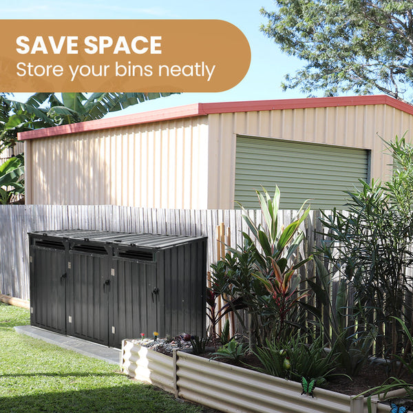 Triple Steel Wheelie Garbage Bin Storage Shed Enclosure With 3 Opening Doors Rubbish Bins
