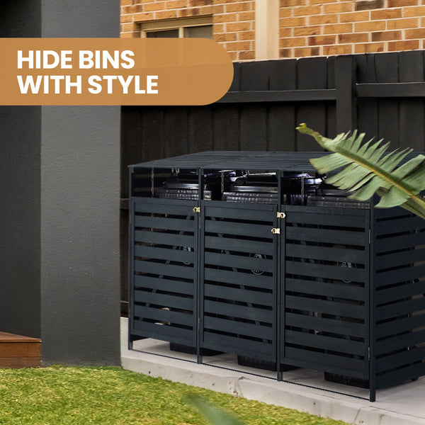 Plantcraft Triple Wood Wheelie Bins Storage Shed 3 Door Garbage Rubbish Enclosure Rubbish Bins