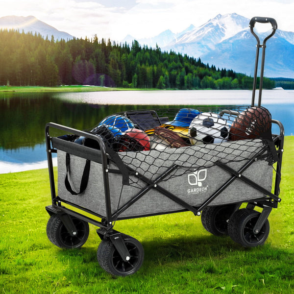Gardeon Garden Cart With Cargo Net Grey Wheelbarrows Carts Wagons