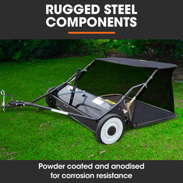 Plantcraft Lawn Sweeper 38' Wide Tow Behind Leaf And Grass Clipping Collector Universal Hitch For Ride On Mower Garden Tractor Lawn Mowers