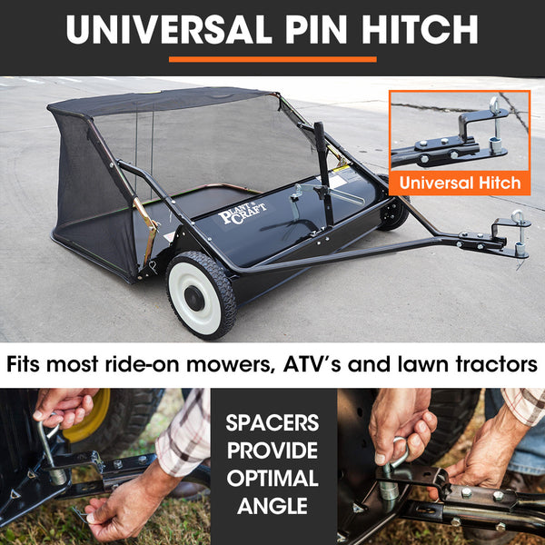 Plantcraft Lawn Sweeper 38' Wide Tow Behind Leaf And Grass Clipping Collector Universal Hitch For Ride On Mower Garden Tractor Lawn Mowers