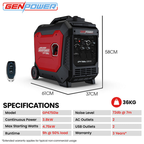 Genpower 4.7Kw Peak 3.8Kw Inverter Generator Push Button Start Portable W/ Wheels Camping Backup Mobile A/C Camping Heating & Generators