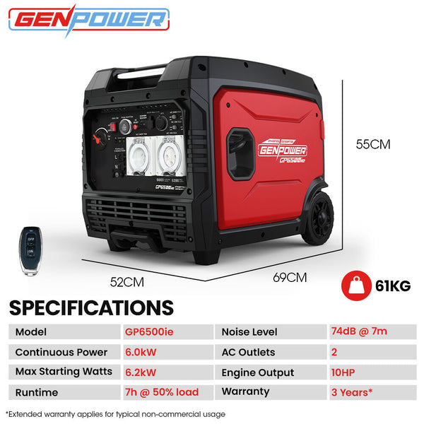 Genpower 6.2Kw Peak 6.0Kw Inverter Generator Push Button & Remote Start 15L Tank Portable W/ Wheels Camping Backup Camping Heating & Generators