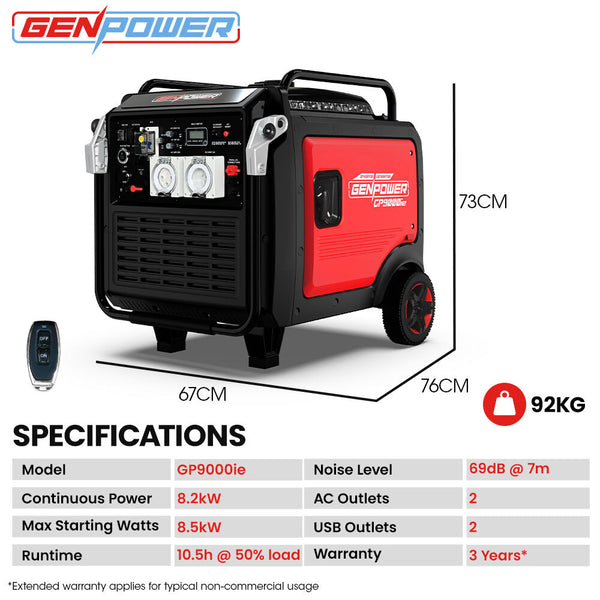 Genpower 8.5Kw Peak 8.2Kw Inverter Generator Push Button & Remote Start Ats Compatible Rcd Portable W/ Wheels 27L Fuel Tank Grid Power Home Backup Cam