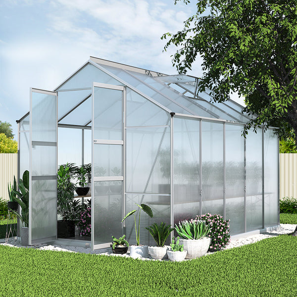 Green Fingers Greenhouse 3X2.5X2.26M Double Doors Aluminium House Garden Shed Greenhouses