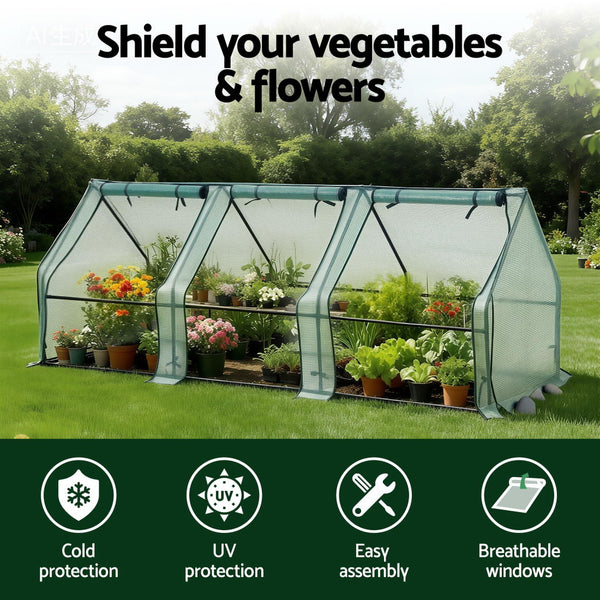 Green Fingers Mini Greenhouse 240X90x90cm Steel Frame Pe Cover Outdoor Shelter Greenhouses