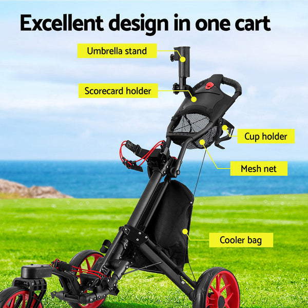 Everfit Golf Buggy Foldable Trolley Cart Swivel Wheel Umbrella Bottle Stand Golf Carts