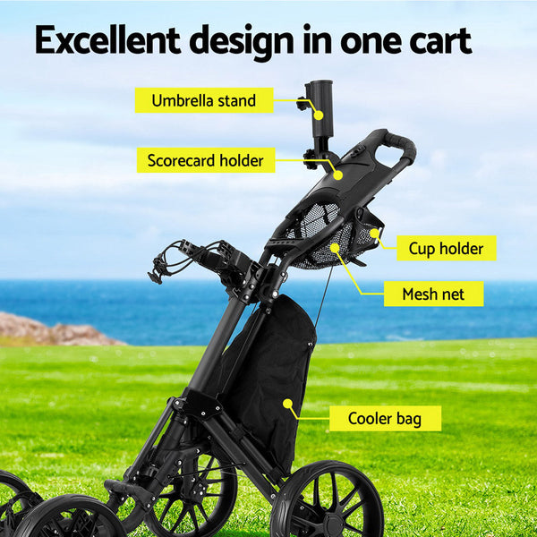 Everfit Golf Buggy Foldable Trolley Cart Wheels Umbrella Bottle Holder Golf Carts