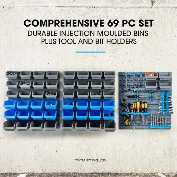 Baumr Ag 69Pc Wall Mounted Parts Bin Rack With Tool Holders Blue Wall Tool Racks