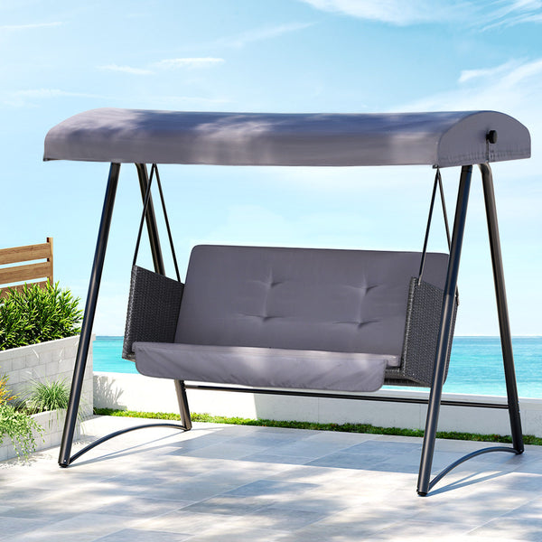 Gardeon Outdoor Swing Chair Garden Bench Furniture Canopy 3 Seater Rattan Grey Swing Seats