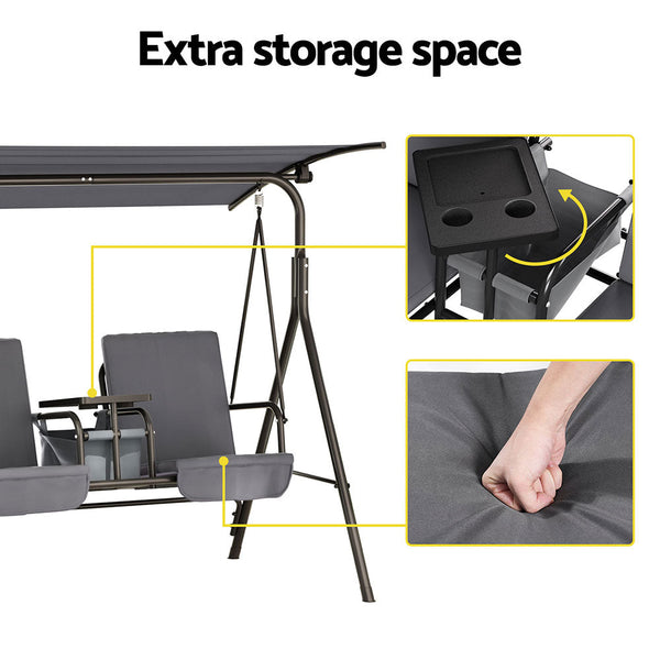 Gardeon Outdoor Swing Chair Garden Furniture Canopy Cup Holder 2 Seater Grey Swing Seats