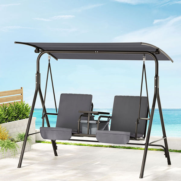 Gardeon Outdoor Swing Chair Garden Furniture Canopy Cup Holder 2 Seater Grey Swing Seats