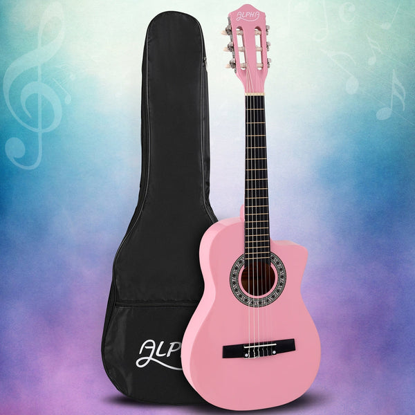 Alpha 34 Inch Classical Guitar Wooden Body Nylon String Beginner Kids Gift Pink Acoustic Guitars