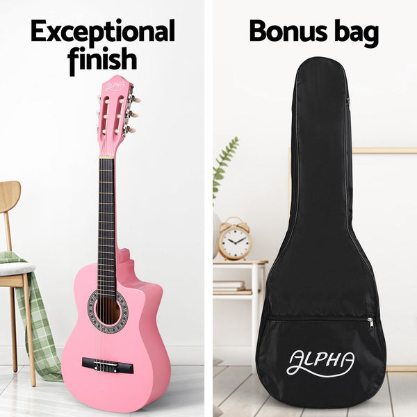 Alpha 34 Inch Classical Guitar Wooden Body Nylon String Beginner Kids Gift Pink Acoustic Guitars