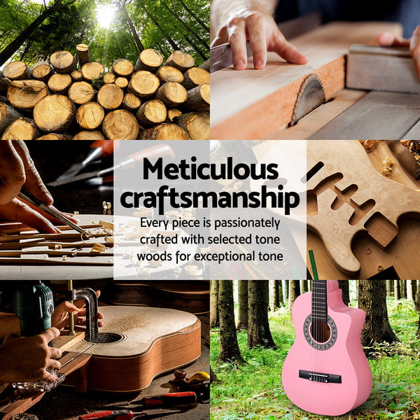 Alpha 34 Inch Classical Guitar Wooden Body Nylon String Beginner Kids Gift Pink Acoustic Guitars