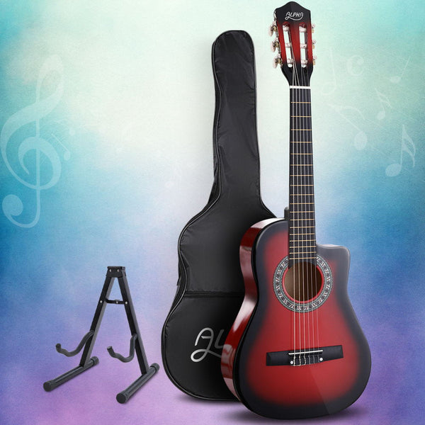Alpha 34 Inch Classical Guitar Wooden Body Nylon String W/ Stand Beignner Red Acoustic Guitars