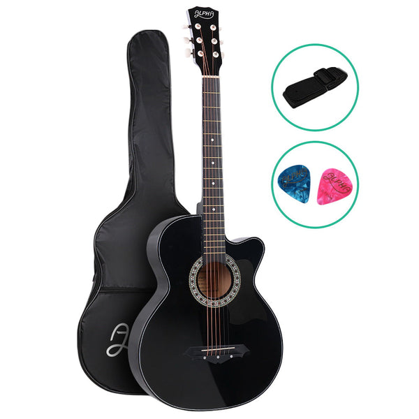 Alpha 38 Inch Acoustic Guitar Wooden Body Steel String Full Size Cutaway Black Acoustic Guitars