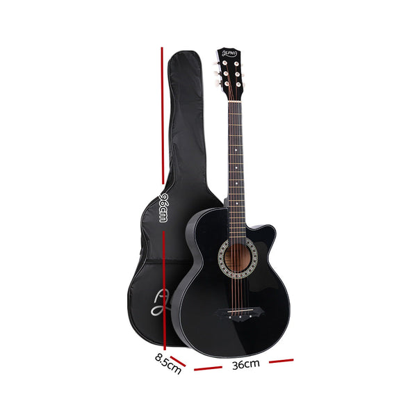 Alpha 38 Inch Acoustic Guitar Wooden Body Steel String Full Size Cutaway Black Acoustic Guitars