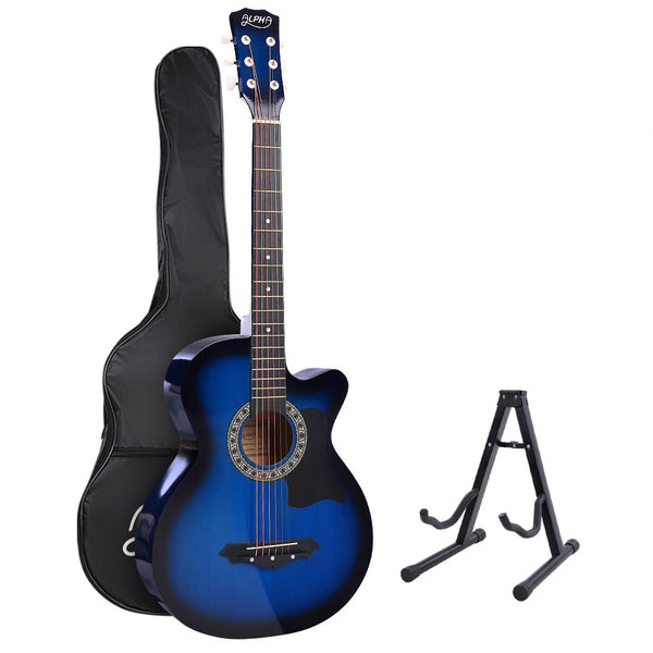 Alpha 38 Inch Acoustic Guitar Wooden Body Steel String Full Size W/ Stand Blue Acoustic Guitars