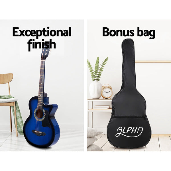 Alpha 38 Inch Acoustic Guitar Wooden Body Steel String Full Size W/ Stand Blue Acoustic Guitars