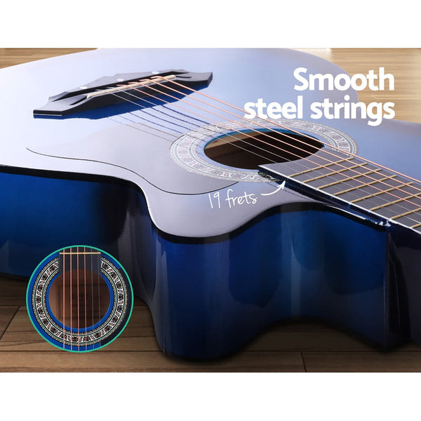 Alpha 38 Inch Acoustic Guitar Wooden Body Steel String Full Size W/ Stand Blue Acoustic Guitars