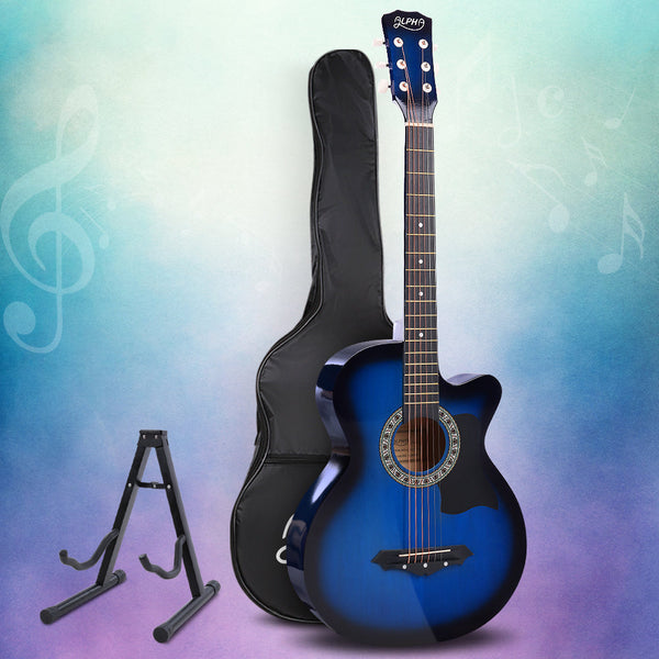 Alpha 38 Inch Acoustic Guitar Wooden Body Steel String Full Size W/ Stand Blue Acoustic Guitars