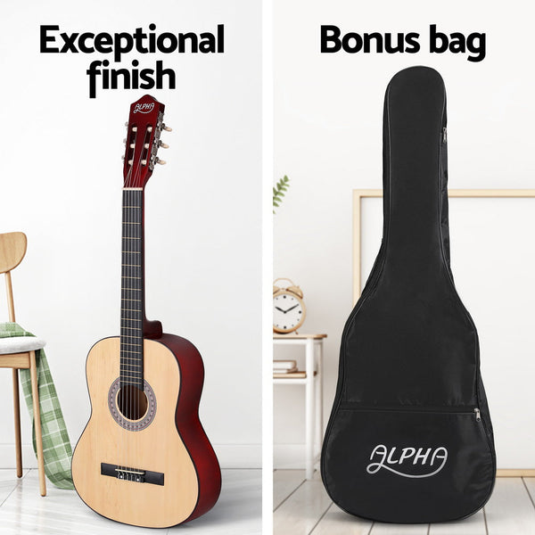 Alpha 39 Inch Classical Guitar Wooden Body Nylon String Beginner Gift Natural Acoustic Guitars