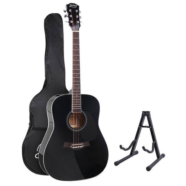 Alpha 41 Inch Acoustic Guitar Wooden Body Steel String Dreadnought Stand Black Acoustic Guitars