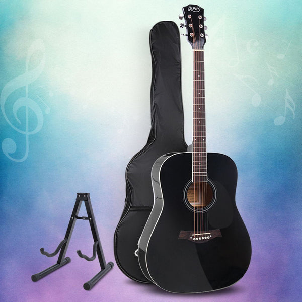 Alpha 41 Inch Acoustic Guitar Wooden Body Steel String Dreadnought Stand Black Acoustic Guitars