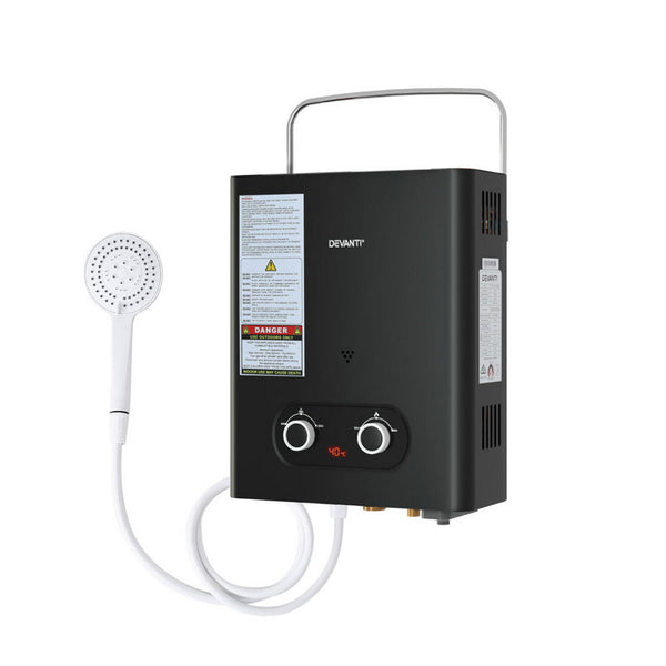 Devanti Portable Gas Water Heater Lpg Powered System Black Water Heaters