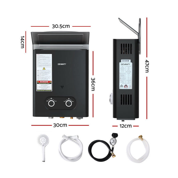 Devanti Portable Gas Water Heater Lpg Powered System Black Water Heaters