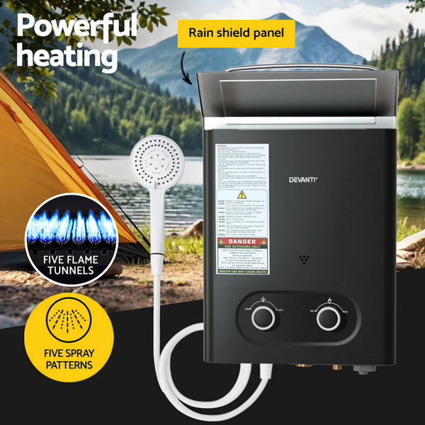 Devanti Portable Gas Water Heater Lpg Powered System Black Water Heaters