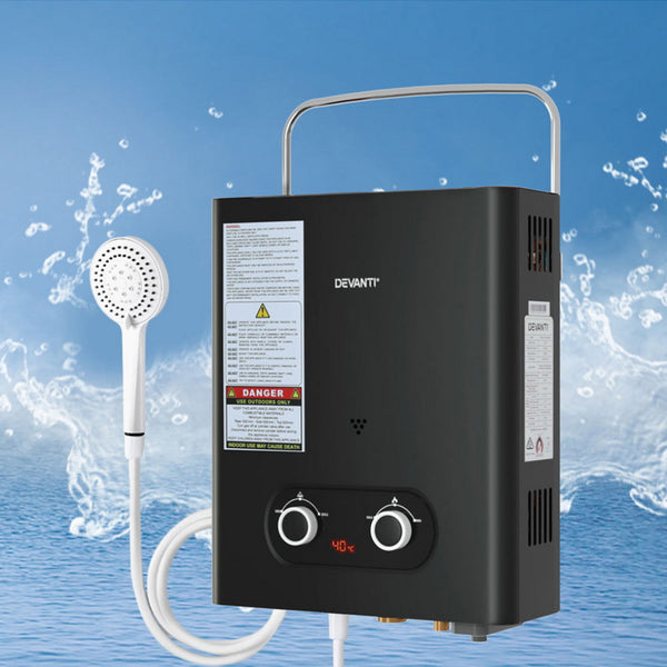 Devanti Portable Gas Water Heater Lpg Powered System Black Water Heaters