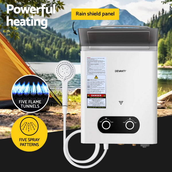 Devanti Portable Gas Water Heater Outdoor Camping Shower White Water Heaters