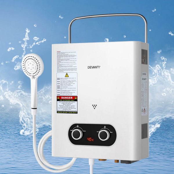 Devanti Portable Gas Water Heater Outdoor Camping Shower White Water Heaters