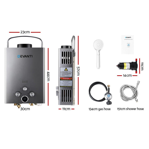 Devanti Portable Gas Water Heater 8L/Min With Pump Lpg System Grey Water Heaters