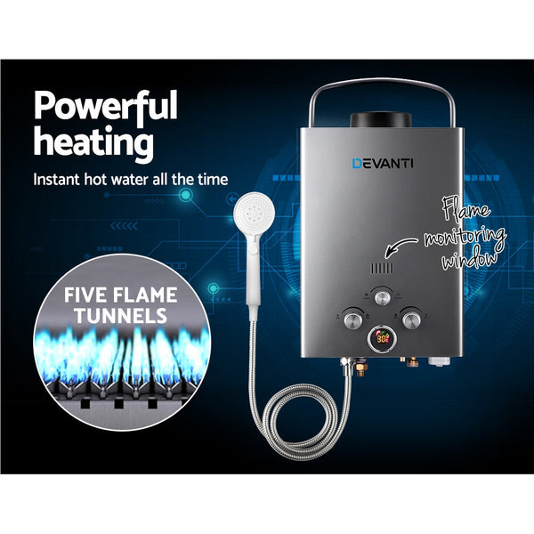 Devanti Portable Gas Water Heater 8L/Min With Pump Lpg System Grey Water Heaters