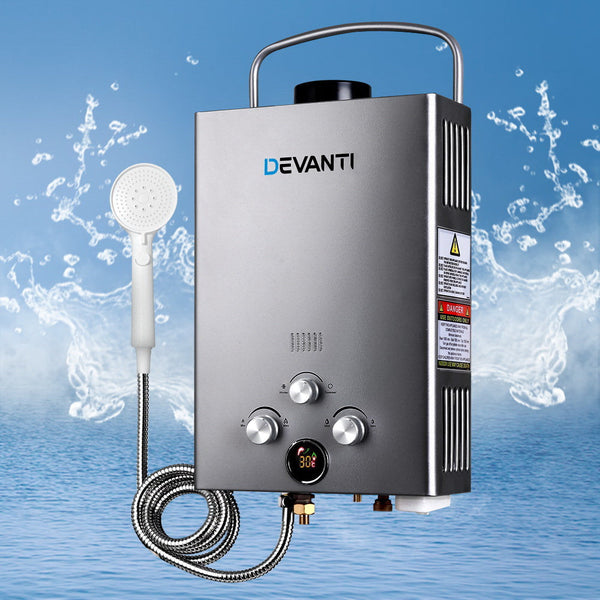 Devanti Portable Gas Water Heater 8L/Min With Pump Lpg System Grey Water Heaters
