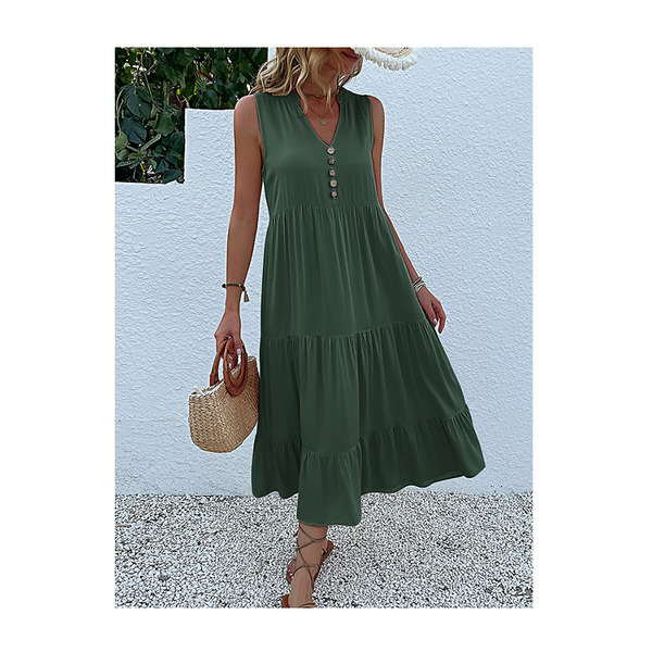 Green Flowy Sleeveless Midi Dress Solid Sundress With Decorative Buttons Size Dresses