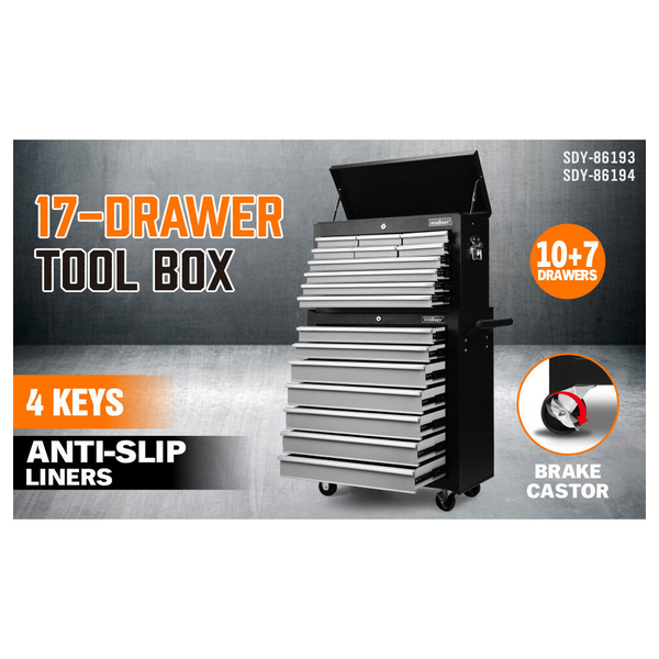 Sedy Grey 17 Drawer Tool Box Trolley Cabinet Storage Cart Garage Toolbox Organiser Tool Boxes
