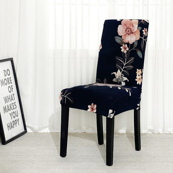 Chair Cover Dark Blue Flower Design Anti Dirt Elastic Material For Slipcovers
