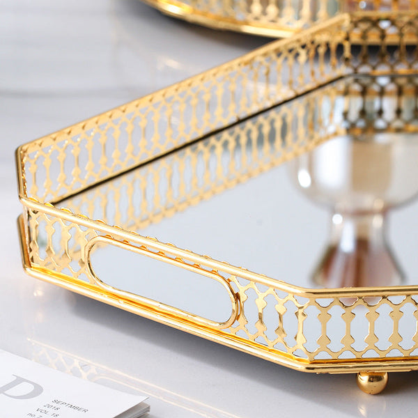 29Cm Gold Rectangle Glass Mirror Base Metal Vanity Food Serving Organiser Tray Trays