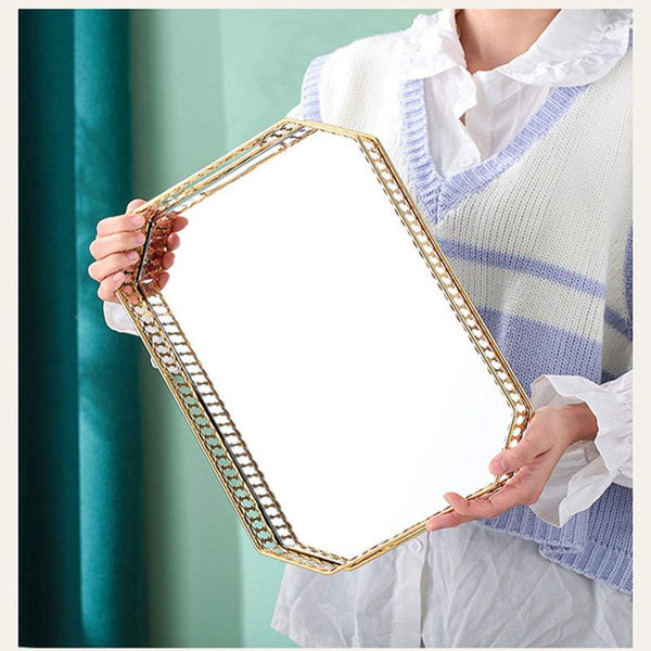 29Cm Gold Rectangle Glass Mirror Base Metal Vanity Food Serving Organiser Tray Trays
