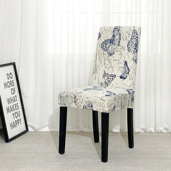 Chair Cover White With Blue Butterfly Design Anti Dirt Elastic Material Slipcovers