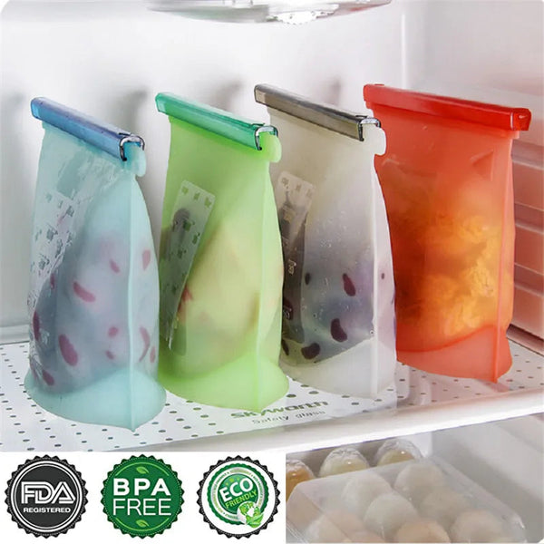 Silicone Bags Reusable Food Airtight Seal Grade For Vegetable Liquid Snack Meat Food Storage Bags