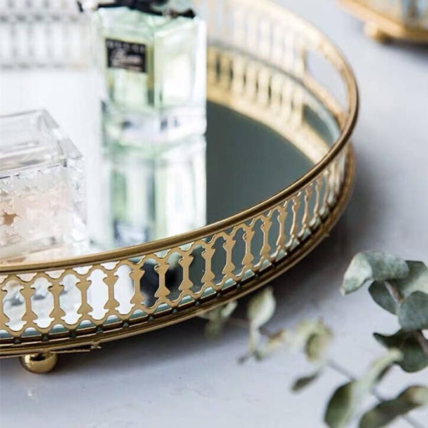 25Cm Gold Round Glass Mirror Base Metal Vanity Food Serving Organizer Tray Trays