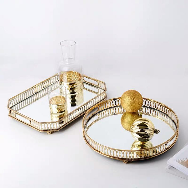 25Cm Gold Round Glass Mirror Base Metal Vanity Food Serving Organizer Tray Trays