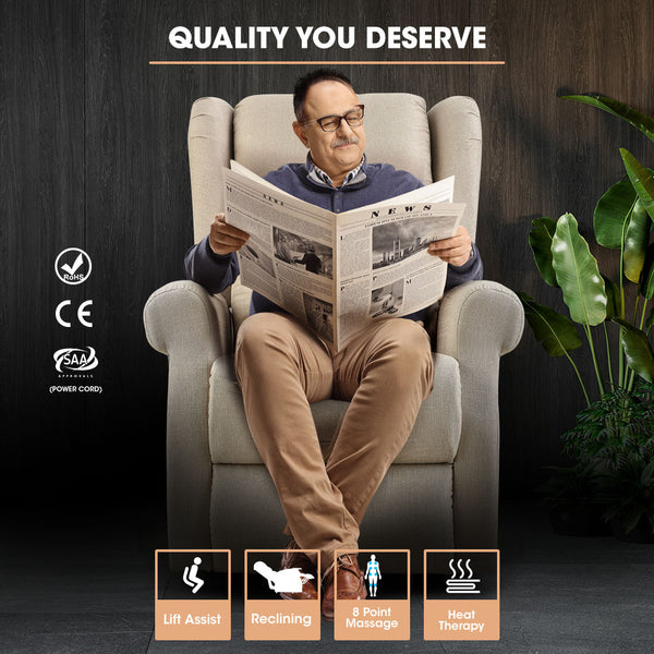 Fortia Electric Recliner Lift Heat Chair Elderly Massage Therapy Aged Care Beige Sofas Armchairs & Couches